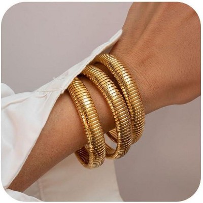 Gold Stretch Bangles for Women - Set of 3 Chunky 24K Gold Plated Stainless Steel Flexible Wide Stack Bracelets