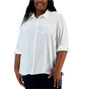 Tommy Hilfiger Womens Roll Tab Sleeve Button Up Shirt, White, 2X - 1 of 1