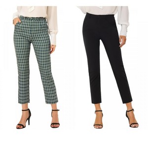 Allegra K Women's Plaid High Waist Elastic Back Office Work Ankle Pants 2 Packs - 1 of 4