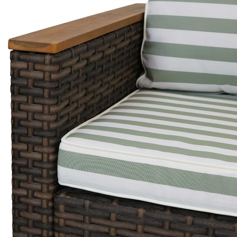 Sunnydaze Outdoor Rattan and Acacia Wood Kenmare Patio Conversation Furniture Set with Loveseat, Chairs, Table, and Seat Cushions - Green Stripe - 4pc, 5 of 13
