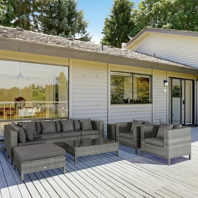 Gray 7-Person PE Rattan Outdoor Sectional Sofa Set with Cushions