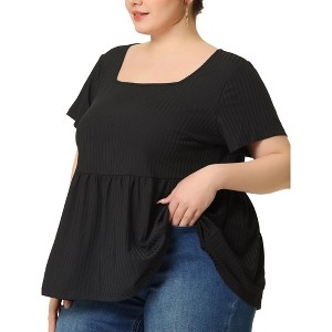 Agnes Orinda Women's Plus Size Square Neck Short Sleeve Ribbed Textured Peplum Babydoll Blouses - 1 of 4