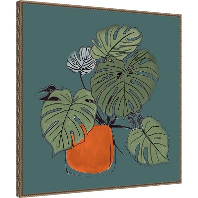 Teal and Orange Retro Potted Plant Canvas Art with Bronze Frame