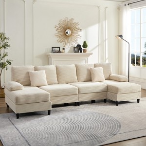 Mjkone 112" U Shaped Sectional Couches, Corduroy Sectional Sofa with Double Chaises and Sleepable Armrests, Large 4 Seater Sofa - 1 of 4