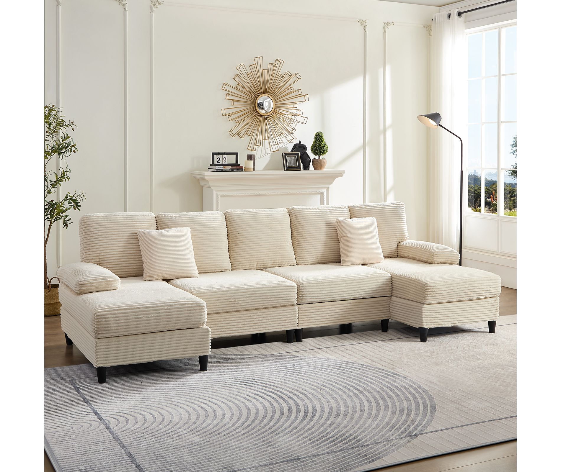 Mjkone 112" U Shaped Sectional Couches, Corduroy Sectional Sofa with Double Chaises and Sleepable Armrests, Large 4 Seater Sofa