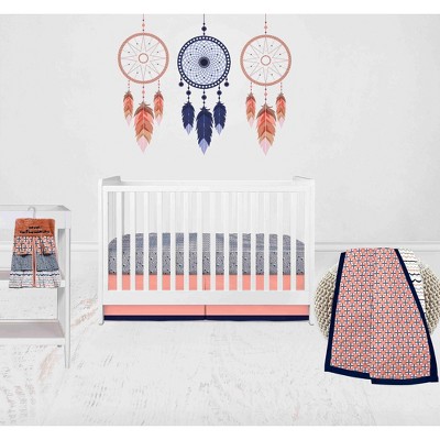Bacati - Olivia Coral Navy 4 pc Crib Bedding Set with Diaper Caddy
