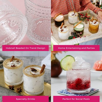 Vintage Hobnail Beaded Floral Round Amber Drinking Glasses Set of 6