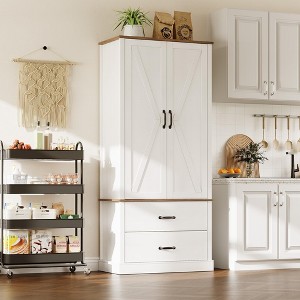 Kitchen Pantry Storage Cabinet with Barn Doors, Drawer, 2 Adjustable Shelves, Freestanding Tall Hutch with Microwave Stand for Kitchen White - 1 of 4