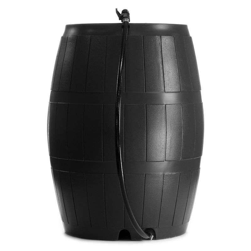 FCMP Outdoor 50-Gallon BPA Free Flat Back Home Rain Catcher Water Storage Collection Barrel for Watering Outdoor Plants & Gardens, Black (2 Pack), 3 of 7