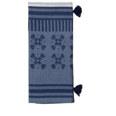 Blue Abstract Pattern 27 x 18 Inch Woven Cotton Kitchen Tea Towel with Hand Sewn Tassels - Foreside Home & Garden