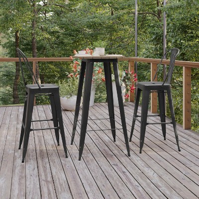 23.75" Round Brown Poly Resin Top Bar Table with Black Steel Base