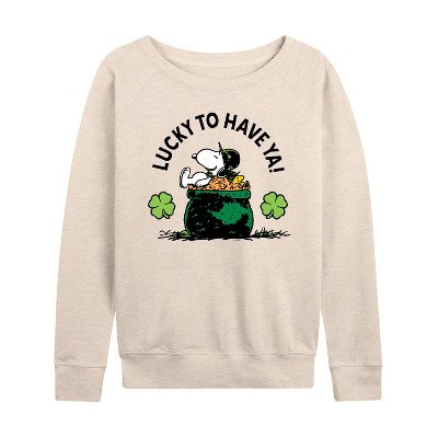 Women's - Peanuts - Lucky To Have Ya Lightweight French Terry Wide Neck Long Sleeve Shirt