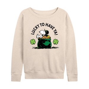 Women's - Peanuts - Lucky To Have Ya Lightweight French Terry Wide Neck Long Sleeve Shirt - 1 of 4