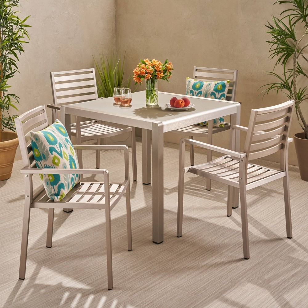 Cape Coral 5pc Aluminum & Tempered Glass Dining Set - Silver - Christopher Knight Home