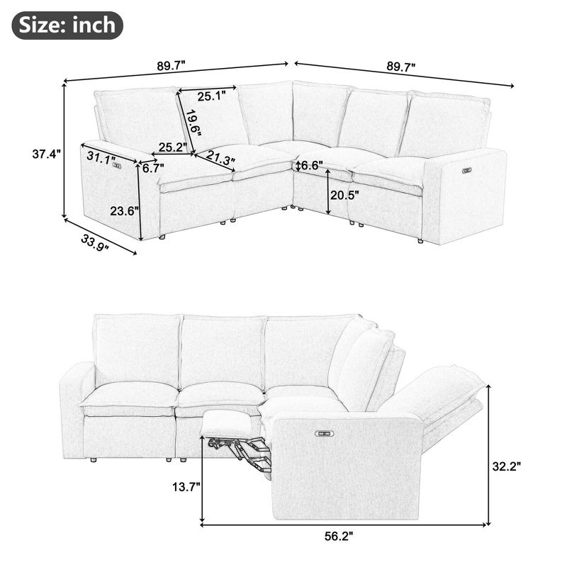 5 PCS Power Recliner Sectional Sofas, Home Theater Seating Soft Chair with USB Port-ModernLuxe, 3 of 15