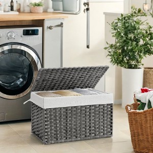 Storage Basket with Lid, 27.7 Gallon (105L) Woven Storage Bin. Features handles, a removable liner, and a metal frame. - 1 of 4