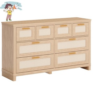 Jojoka Boho Rattan Dresser with 8 Drawers, Oak Wood Storage Chest for Bedroom, Closet, Living Room, and Hallway Organization - 1 of 4