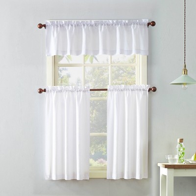 White Polyester Sheer Rod Pocket Kitchen Curtain Set
