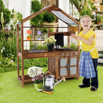 2-in-1 Outdoor Wood Mud Kitchen For Kids With Picnic Table, Removable Sink, Chalkboard & Storage – Ages 3+