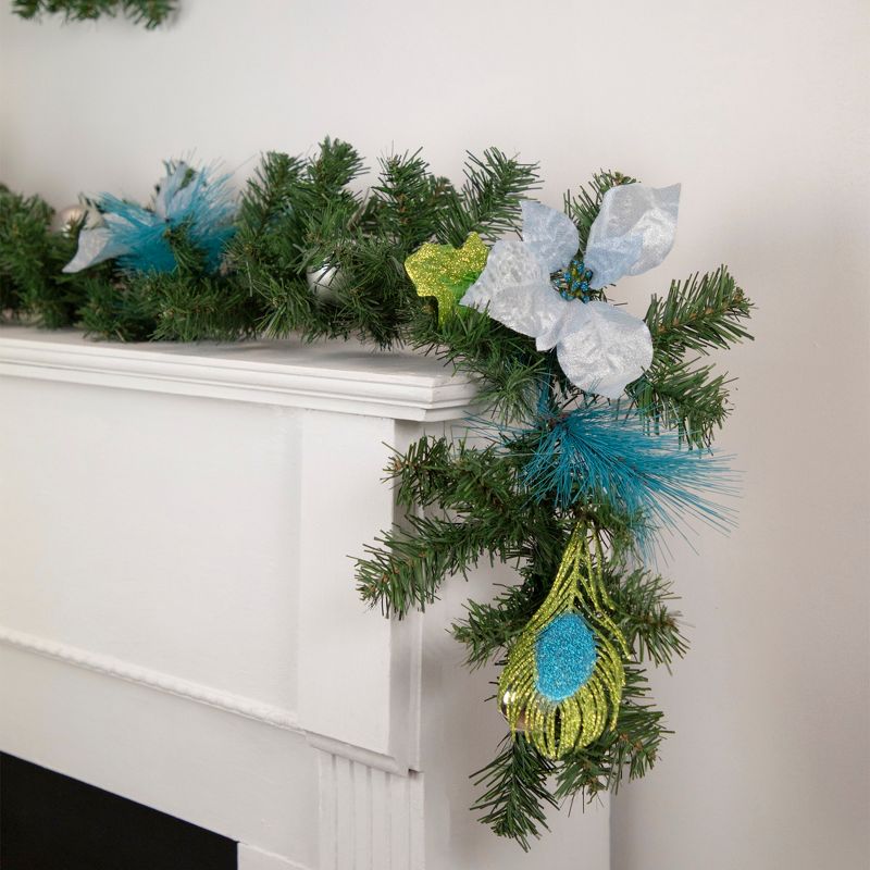 Northlight 6' x 9" Unlit Blue/Silver Peacock and Poinsettia Artificial Christmas Garland, 3 of 5