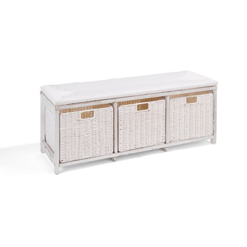 White wicker storage outlet bench