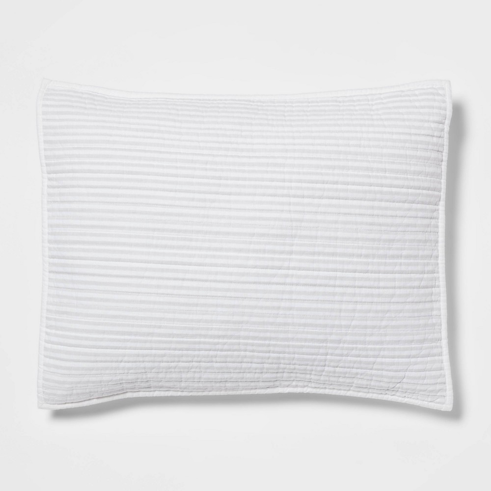 Photos - Pillowcase Standard Reversible Cotton Stripe Quilt Sham Light Gray - Threshold™