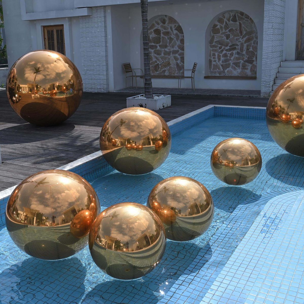 Yescom 2PCS 47" Big Shiny Inflatable Mirror Ball Set Giant Reusable PVC Hanging Balloon for Wedding Event Disco Party Concerts Black/Gold//Iridescent - thumbnail 9
