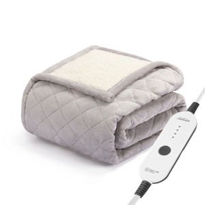 Sunbeam 50" x 60" Quilted Nordic Velvet Reverse Shearling Heated Throw Electric Blanket Dove Gray: Lightweight, Machine Washable - 1 of 4