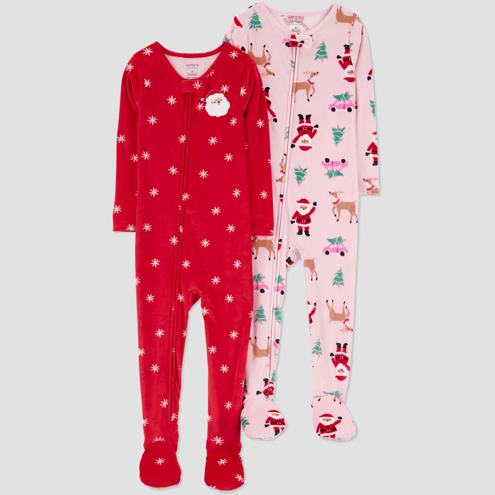 Carter's Just One You® Toddler Girls' 2pk Snug Fit Christmas Santa Stars Long Sleeve Fleece Footed Pajama - Red/Pink