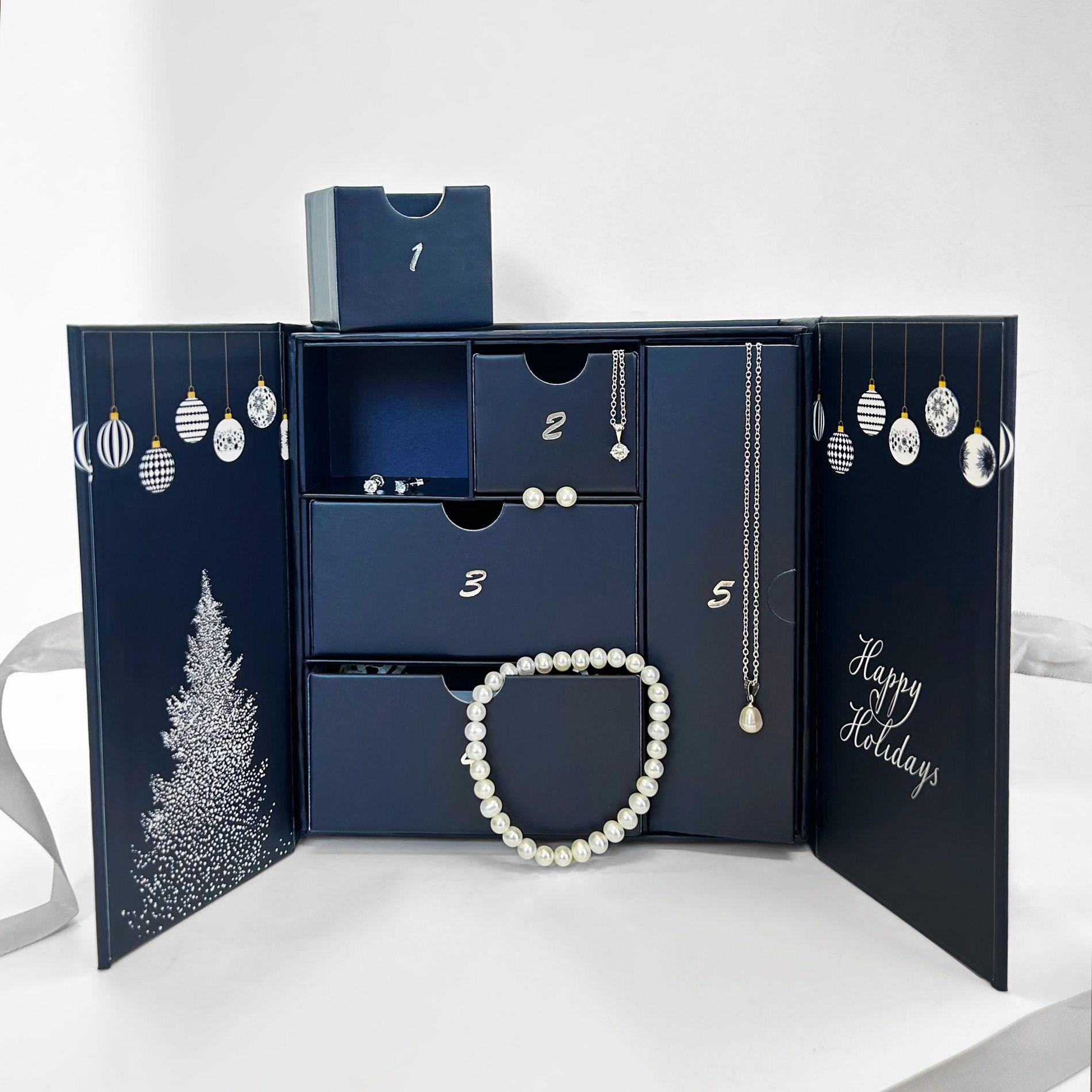 5 Piece Set Advent Calendar in Gift Box- Yellow Freshwater Pearl & White Cubic Zirconia Earrings & Pendant, Brass Bangle with Freshwater Pearls