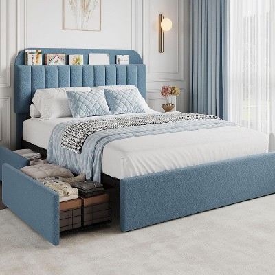TackView Velvet Twin Bed Frame with Storage Headboard Drawer - Upholstered Platform Bed for Kids & Teens, Easy Tool-Free Assembly