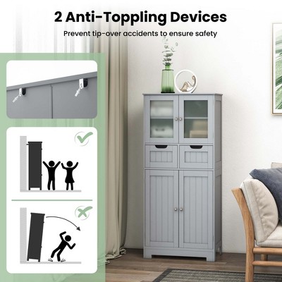 Gray MDF Floor Cabinet with Glass Doors and Adjustable Shelves