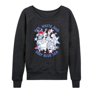 Women's - SpongeBob SquarePants - Red, White, and Deep Blue Sea Lightweight French Terry Wide Neck Long Sleeve Shirt - 1 of 4