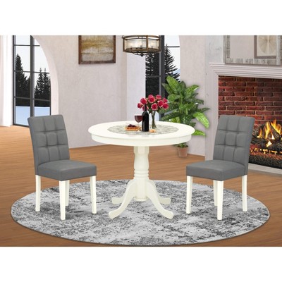 East West Furniture 3 Piece Kitchen Table Set consists A Wooden Table and 2 Platinum Gray Faux Leather Person Chairs with Stylish Back