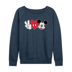 Women's - Disney - Peace Love Mickey Lightweight French Terry Wide Neck Long Sleeve Graphic Shirt - 1 of 4
