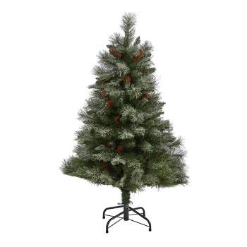 Nearly Natural 4’ Snowed French Alps Mountain Pine Artificial Christmas Tree with Pine Cones