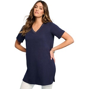 Roaman's Women's Plus Size Ultimate Rhinestone V Neck Tunic - 1 of 3