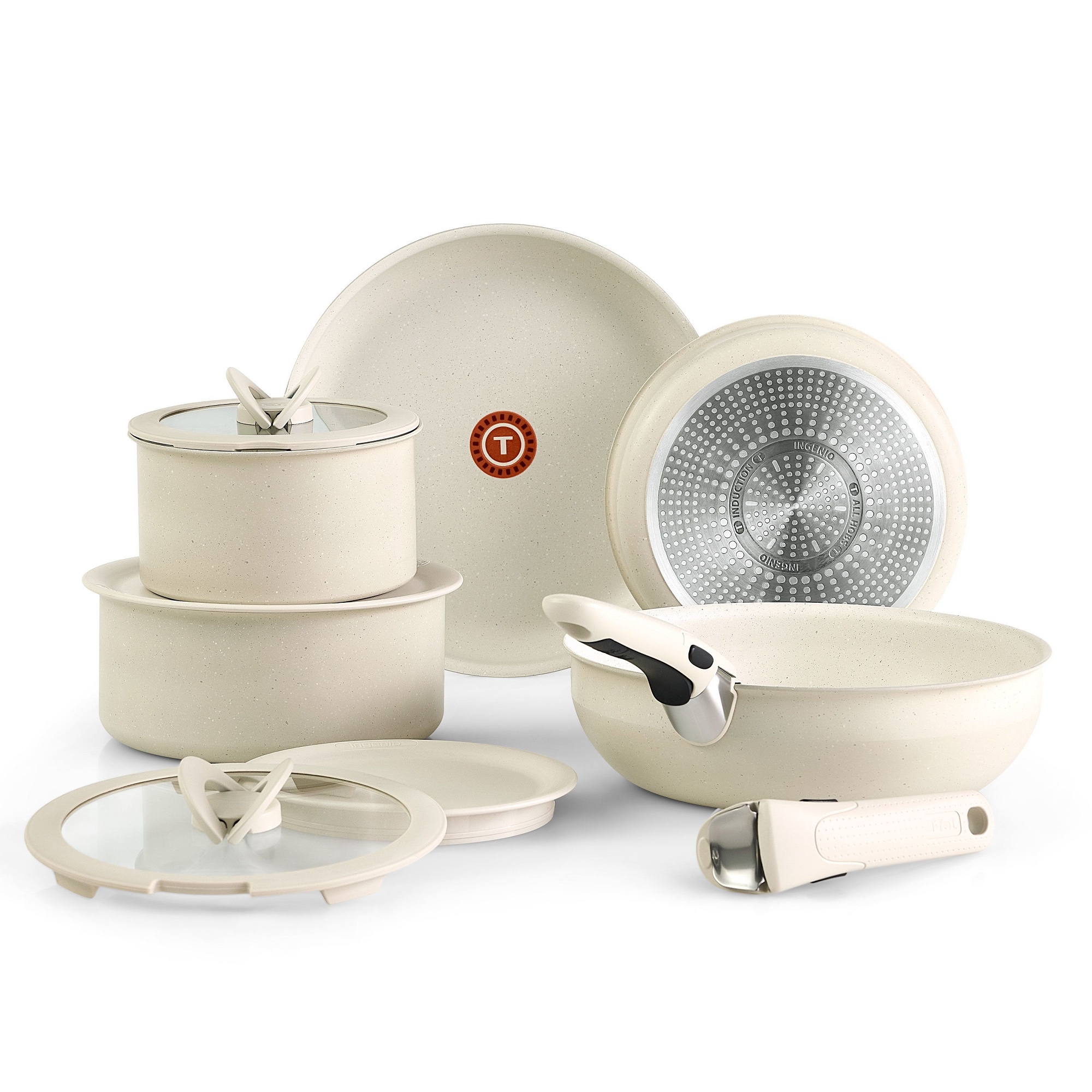 T-fal 11pc Nonstick Cookware Set, Ingenio Essentials, Beige Granite