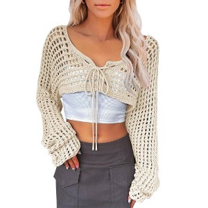 Women's Cropped Cardigan Crochet Hollow Out Crochet Sweater Tie Front Long Bell Sleeve Shrug Bolero - 1 of 4