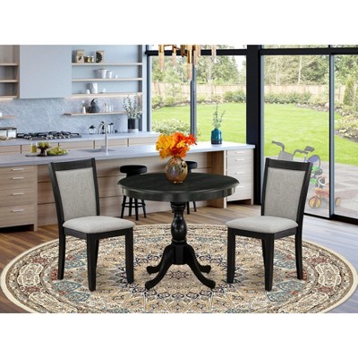 East West Furniture 3-Piece Dining Room Set Consists of a Pedestal Table with Drop Leaves & 2 Light Tan Linen Fabric Dining Chairs - Antique Walnut