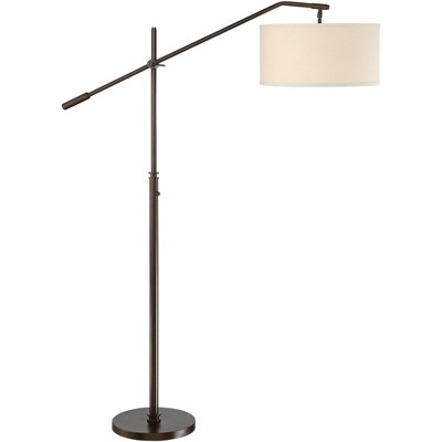 Possini Euro Design Industrial Floor Lamp Adjustable Arm Oiled Bronze Metal Light Brown Linen Drum Shade for Living Room Reading