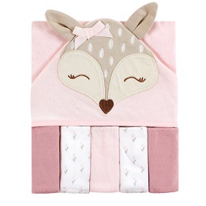 Hudson Baby Infant Girl Hooded Towel and Five Washcloths, Fawn, One Size - 1 of 2