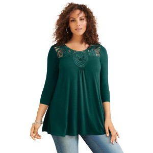 Roaman's Lace Embellished Swing Ultra Femme Top - 1 of 4