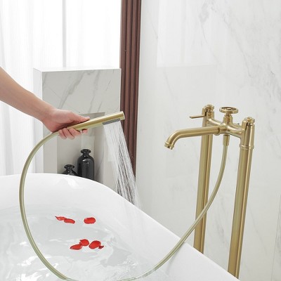Brushed Gold 2-Handle Deck-Mount Roman Tub Faucet with Hand Shower
