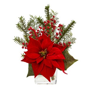 Nearly Natural Poinsettia, Pine and Berries in Vase Artificial Arrangement - 1 of 1