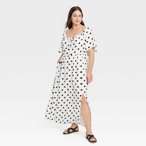 Women's Flutter Short Sleeve Maxi A-line Dress - Ava & Viv™ White Polka Dots  2x : Target