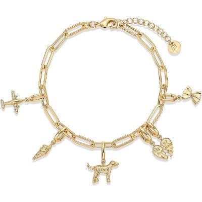 14K Gold Plated Adjustable Bracelet for Women | Twisted Bar & Paperclip Charm Chain Bracelets with Moon, Evil Eye