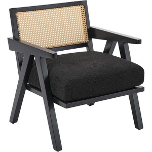 Mid-Century Farmhouse Accent Chair - Wood Armchair with Rattan Backrest & Removable Linen Cushion for Living Room, Bedroom - 1 of 4