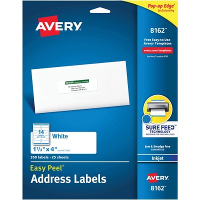 Avery Easy Peel Permanent-Adhesive Address Labels For Inkjet Printers, 1-1/3 x 4 Inches, White, Box of 350