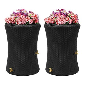 Good Ideas Impressions 50 Gallon Nantucket Outdoor Home Rain Barrel Water Storage Collector with Garden Planter and Brass Spigot, Black (2 Pack) - 1 of 4